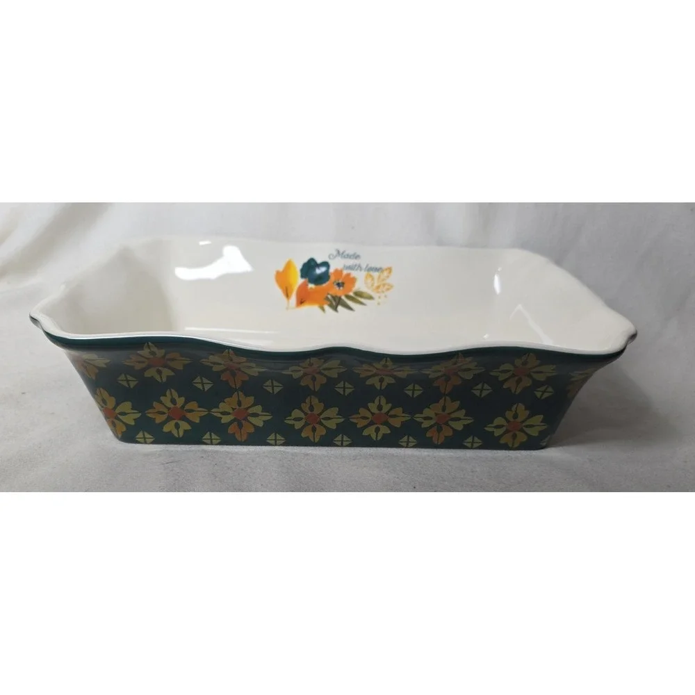 Pioneer Woman Baking Dish. Timeless Floral Green Scalloped Edge  12